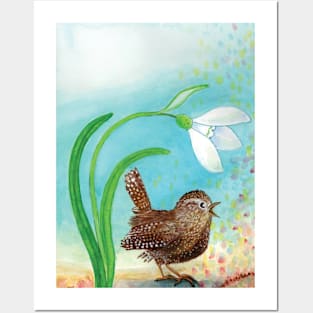 Wren Bird and Snowdrop Sing In the Spring Illustration Posters and Art